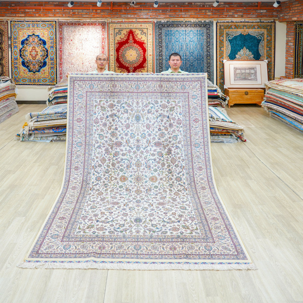 Ivory and Pastel Floral Medallion Hand Knotted Silk Rug 6x9ft
