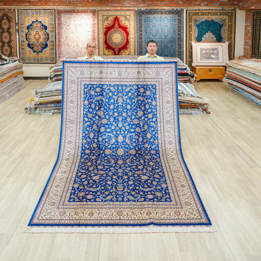Royal Blue and Gold Floral Medallion Hand Knotted Silk Rug 6x9ft