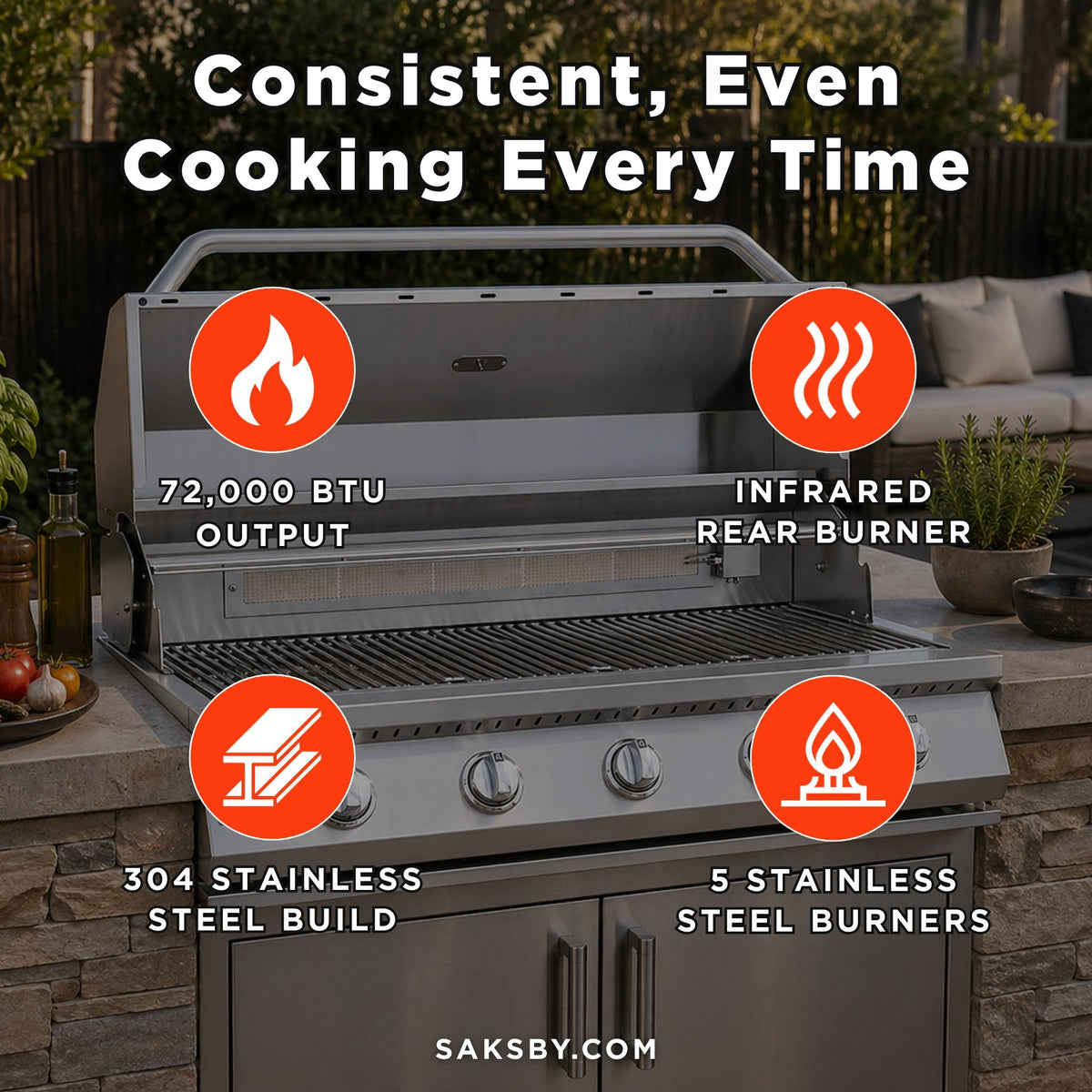 40-Inch Heavy-Duty 72K BTU LP/NG 5-Burner Built-In Stainless Steel Gas Grill