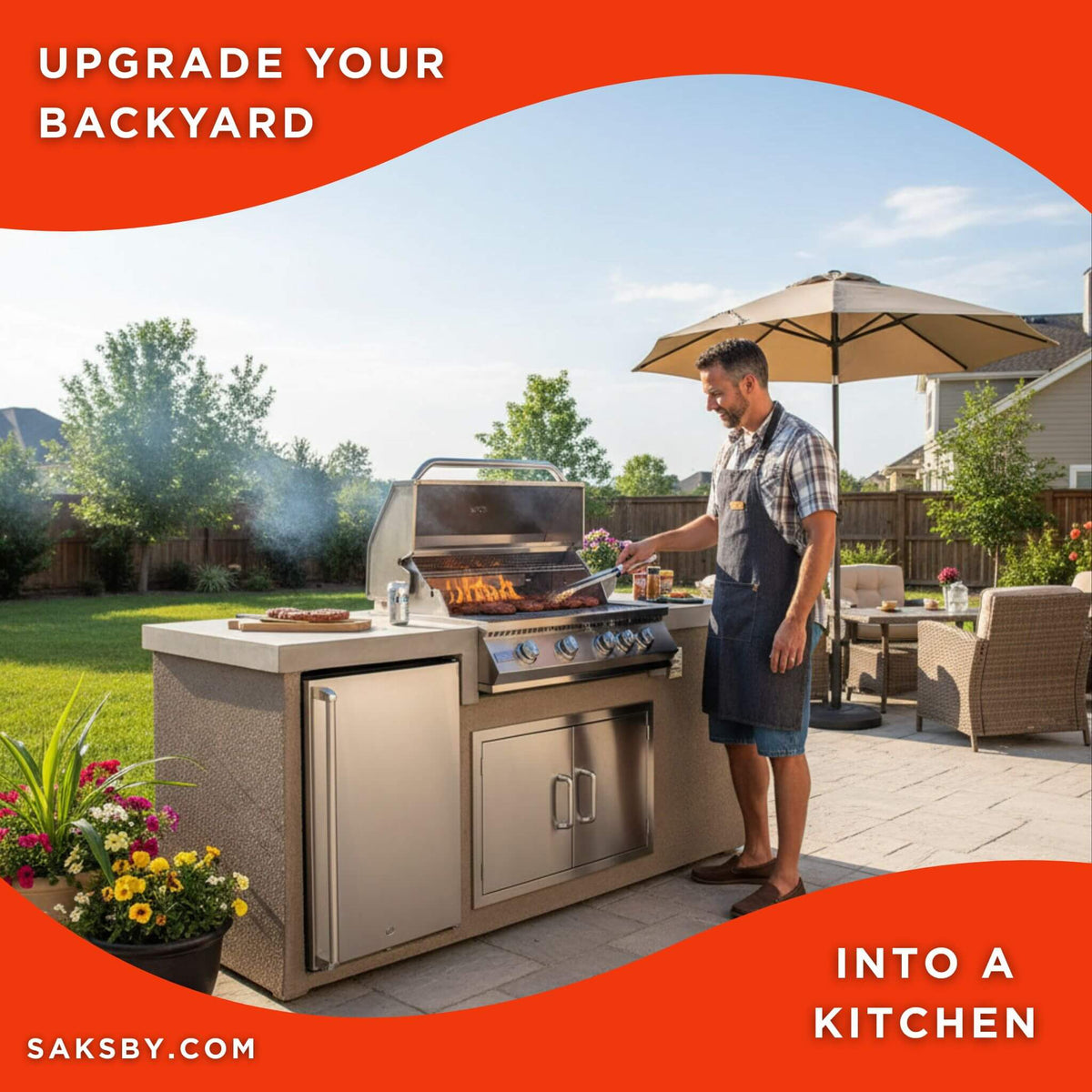 7FT Straight BBQ Island with Built-In BBQ and Refrigerator