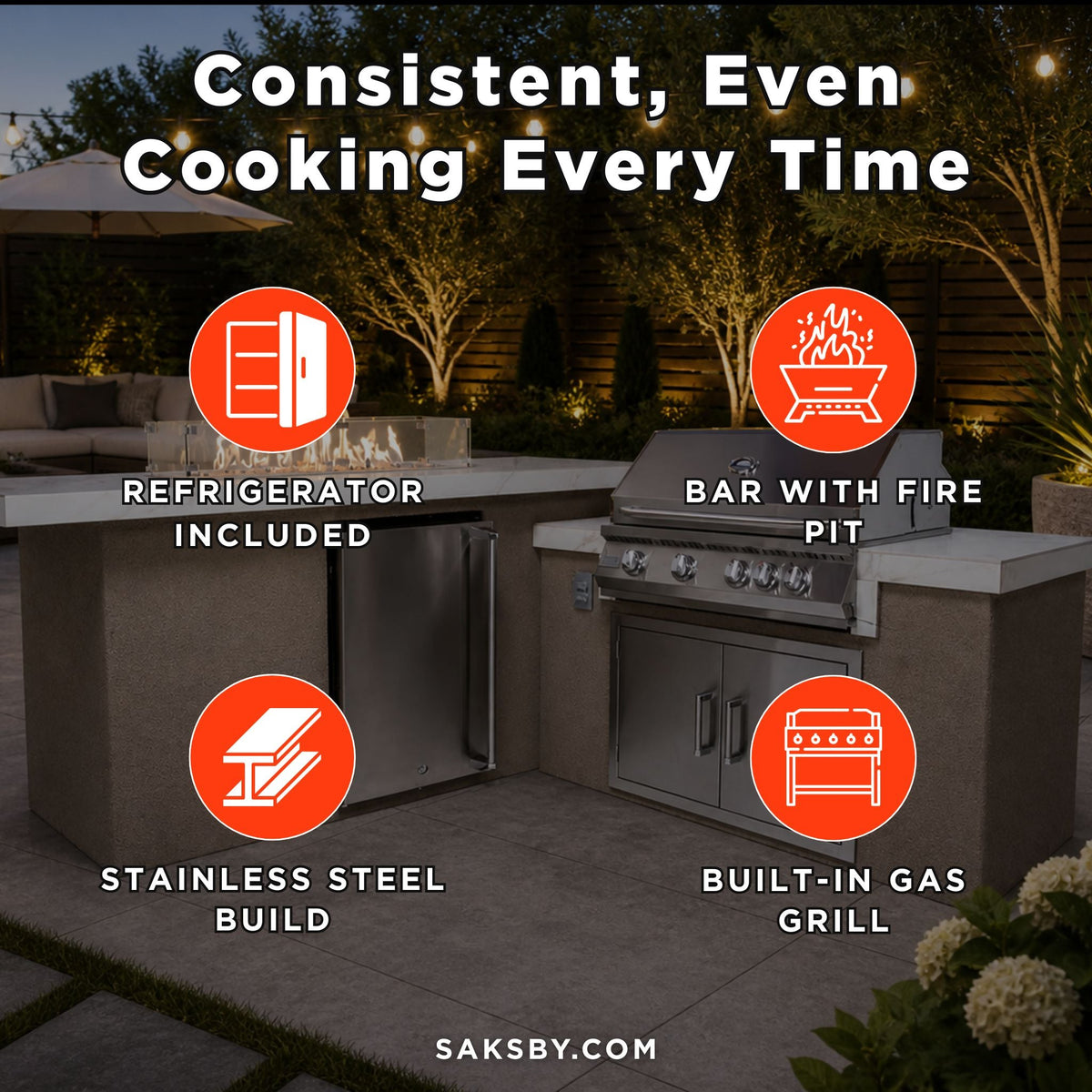 Baja 9FT BBQ Island with LEDs, Built-In BBQ and Refrigerator
