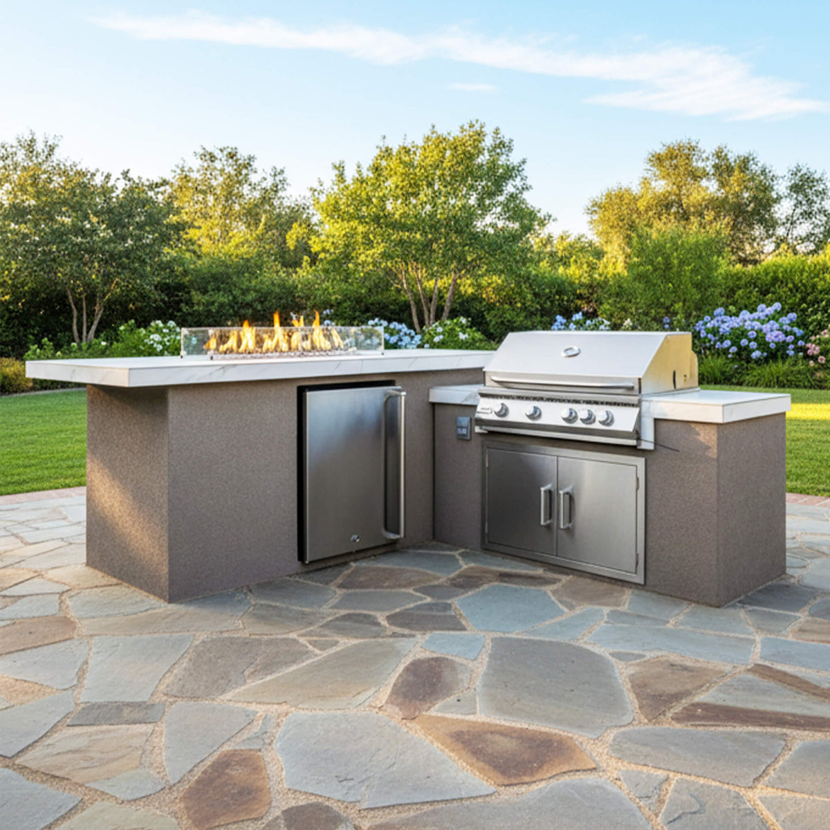 Baja 9FT BBQ Island with LEDs, Built-In BBQ and Refrigerator