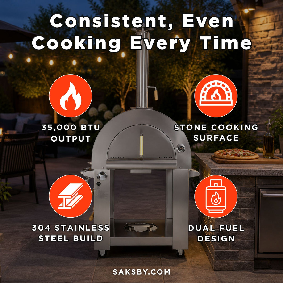 32-Inch Premium Stainless Steel Dual-Fuel Gas or Wood-Fired Pizza Oven