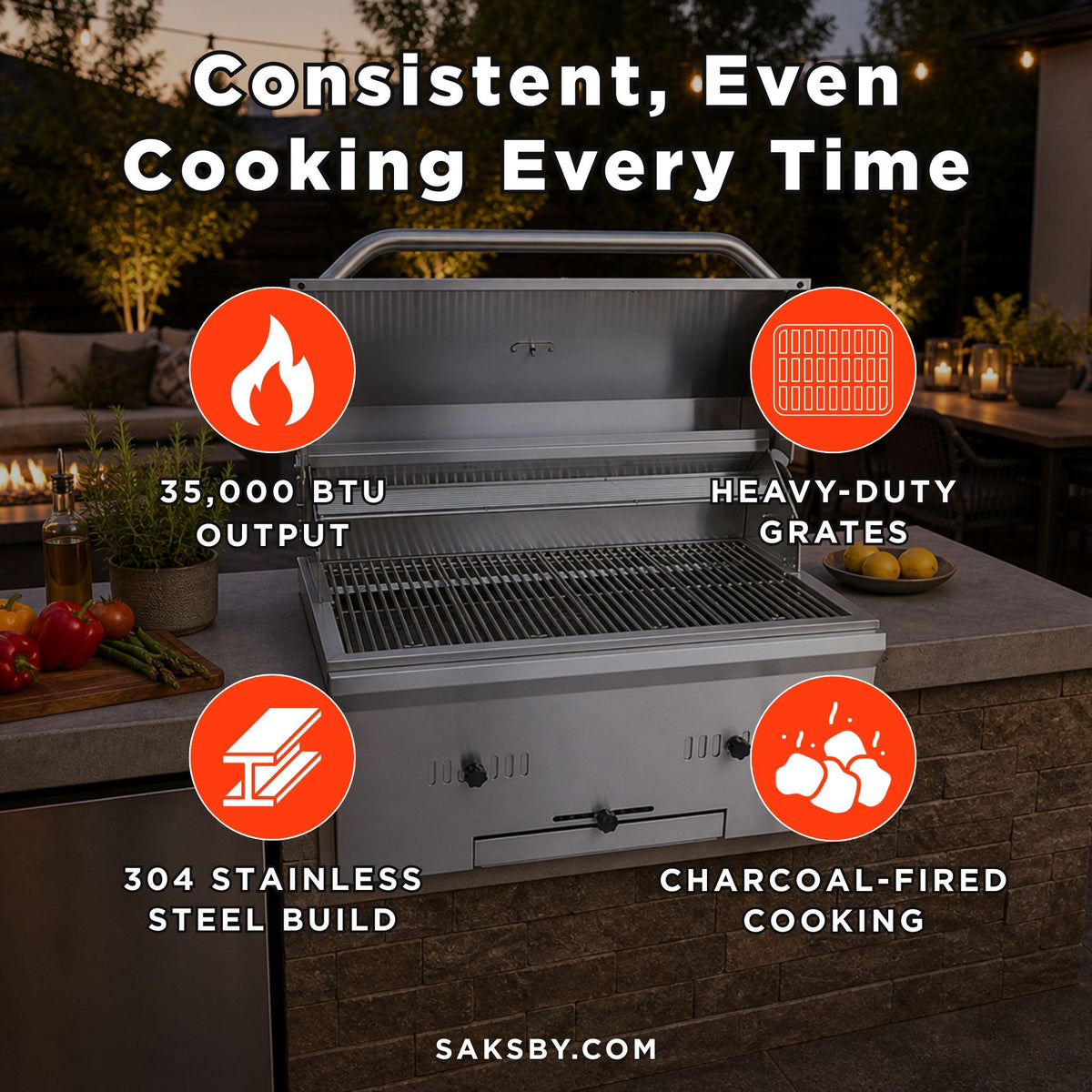 32-Inch Premium Built-In Charcoal Grill with 304 Stainless Steel and Adjustable Heat Tray