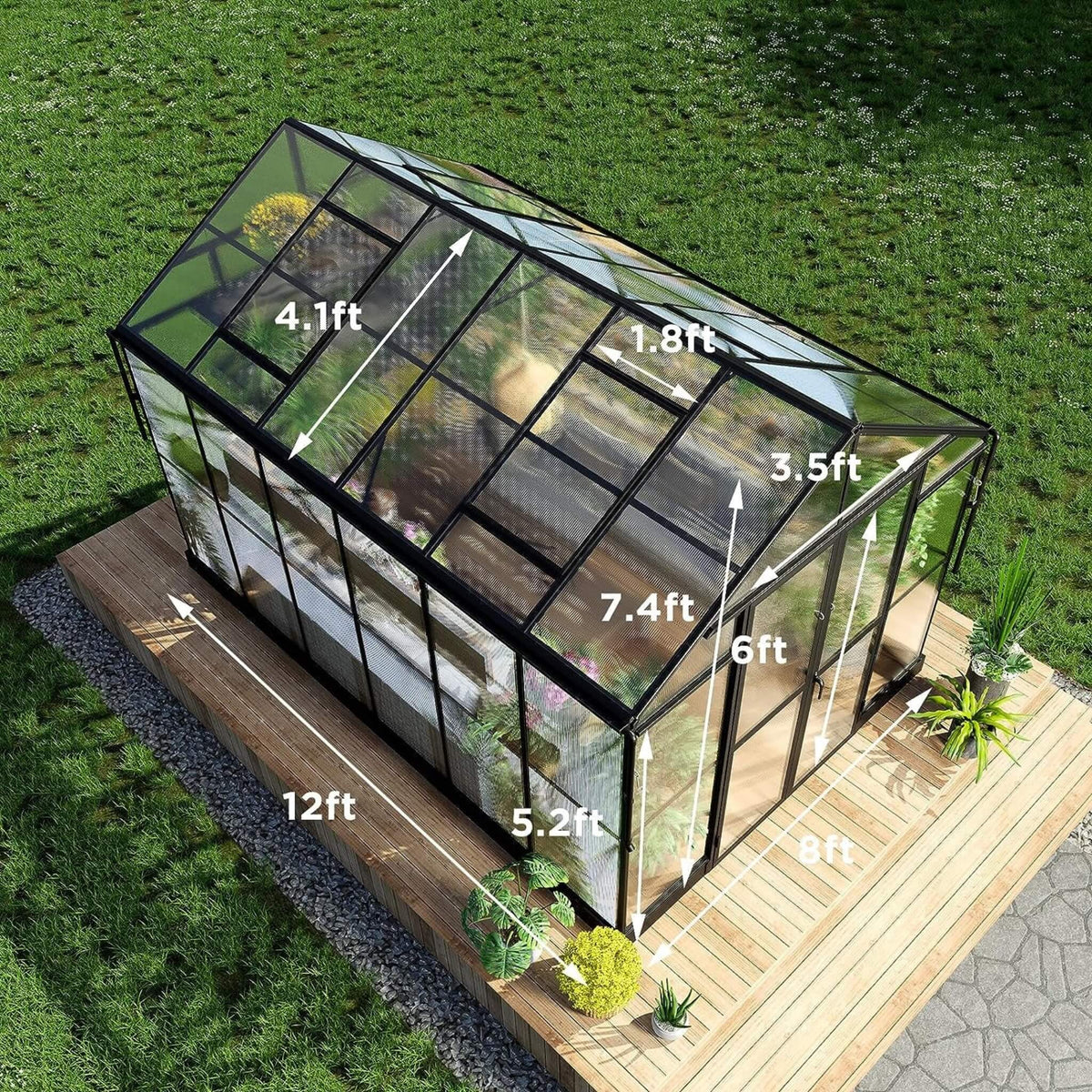 8x12FT Premium Aluminum Polycarbonate Walk-In Greenhouse with Double Swing Doors