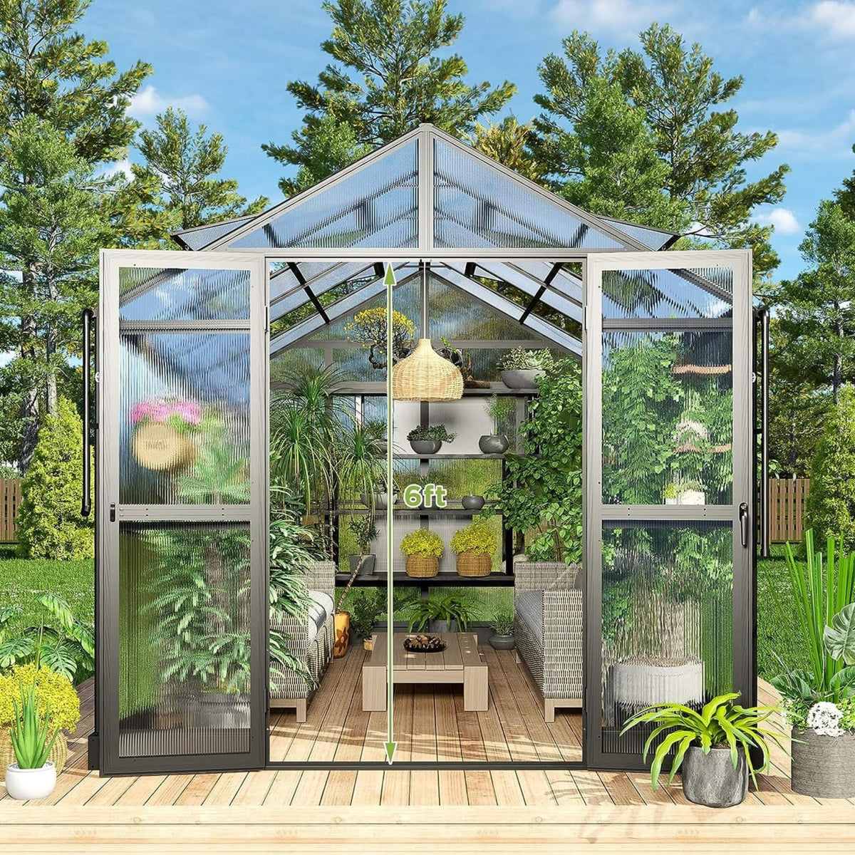 8x12FT Premium Aluminum Polycarbonate Walk-In Greenhouse with Double Swing Doors