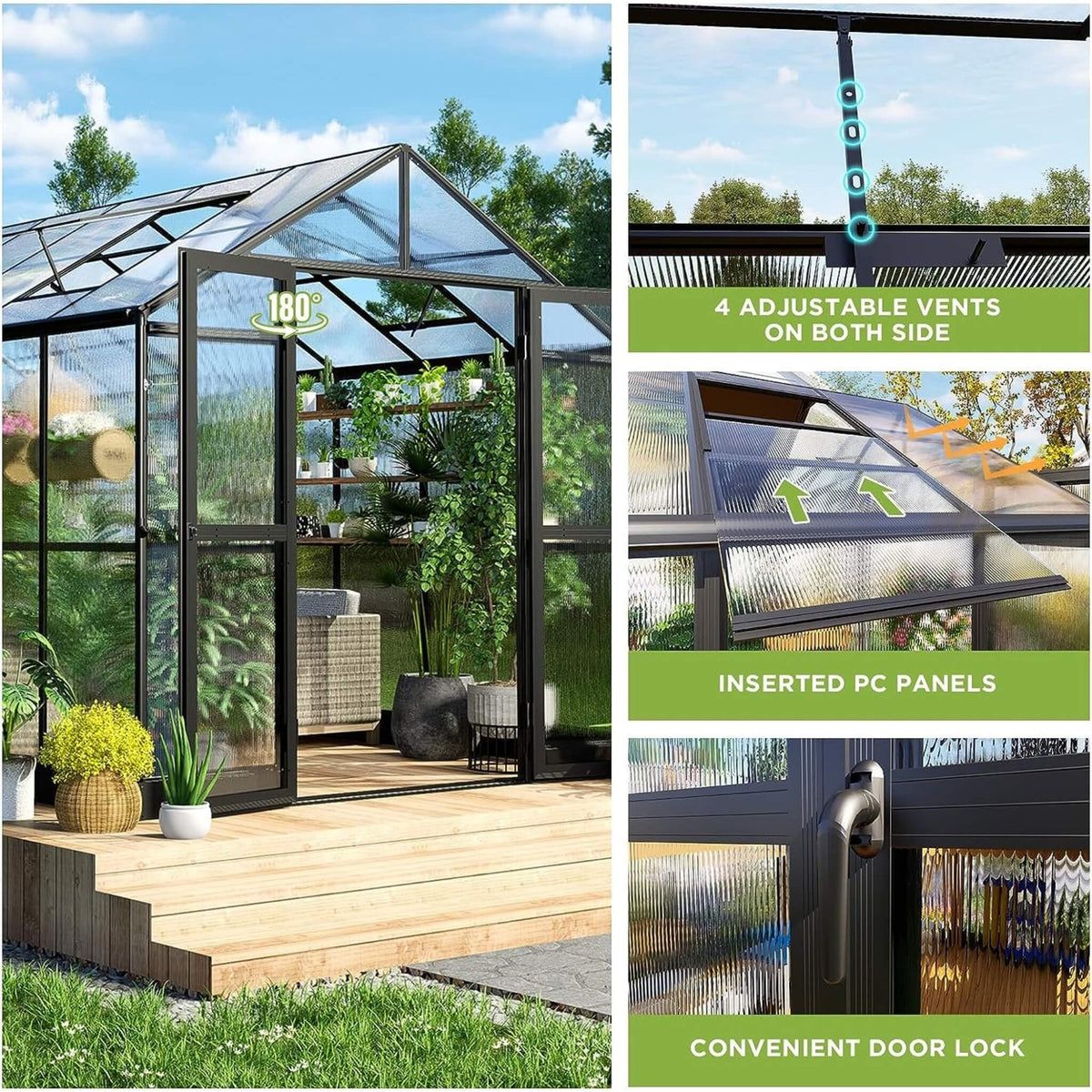 8x12FT Premium Aluminum Polycarbonate Walk-In Greenhouse with Double Swing Doors