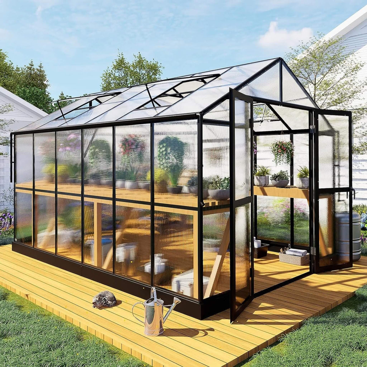 8x12FT Premium Aluminum Polycarbonate Walk-In Greenhouse with Double Swing Doors