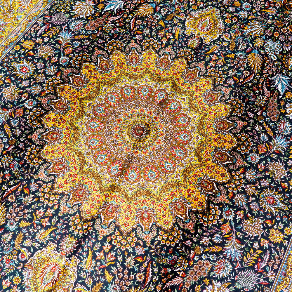 Navy and Gold Ornate Medallion Hand Knotted Silk Rug 6x9ft