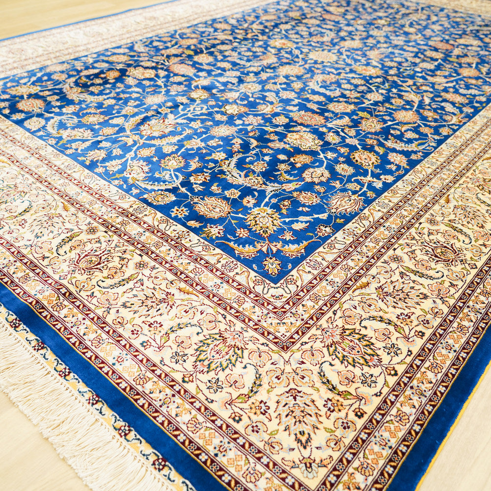 Royal Blue and Gold Floral Medallion Hand Knotted Silk Rug 6x9ft