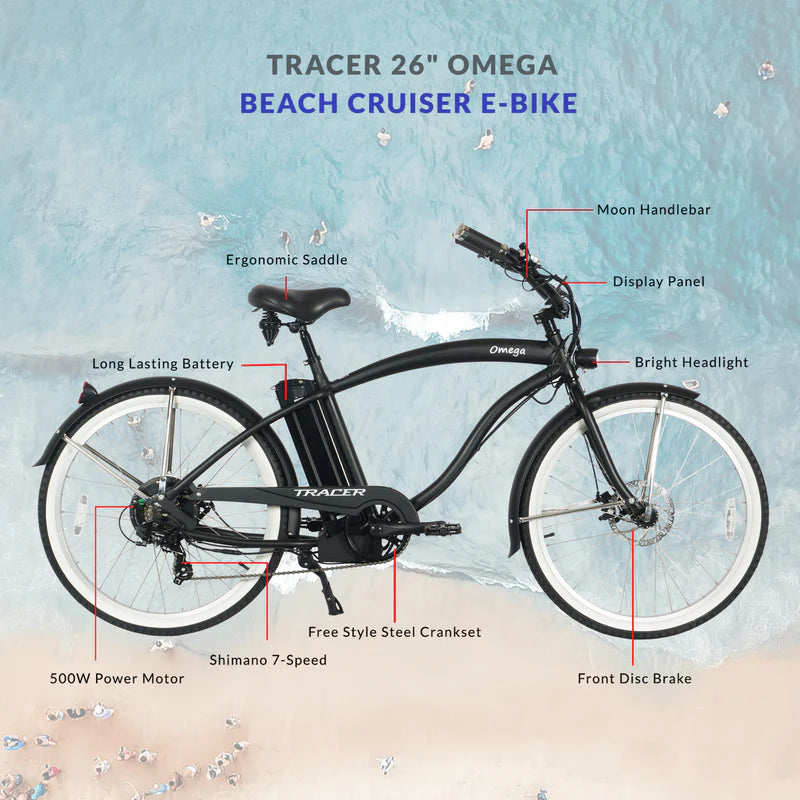 Tracer OMEGA 500W 26" 7 Speed Electric Beach Cruiser Bike for Men