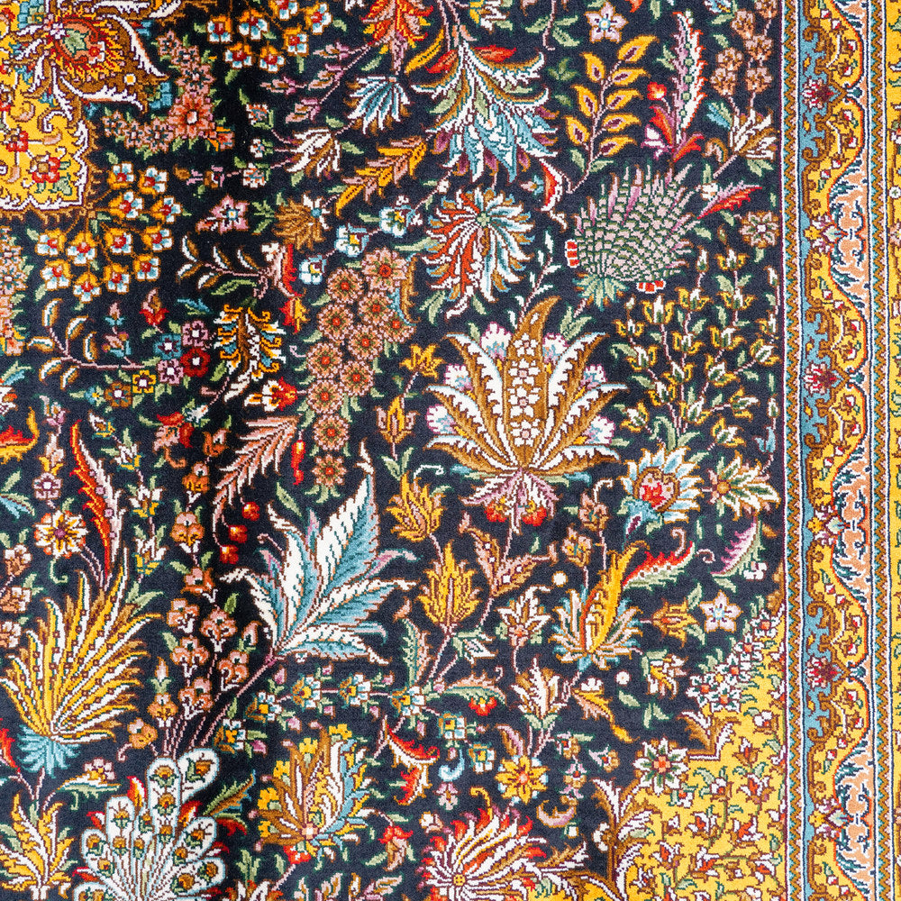 Navy and Gold Ornate Medallion Hand Knotted Silk Rug 6x9ft