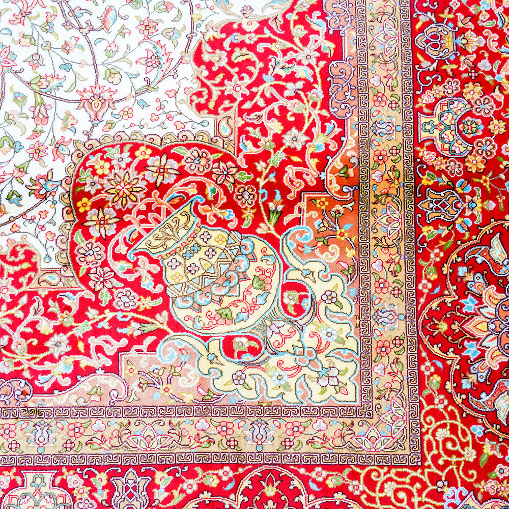 Red and Ivory Geometric Medallion Hand Knotted Silk Rug 6x9ft