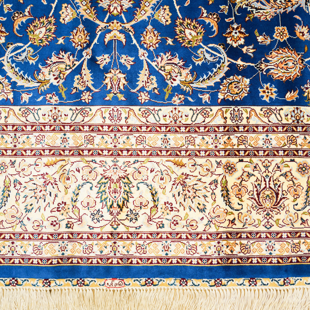 Royal Blue and Gold Floral Medallion Hand Knotted Silk Rug 6x9ft