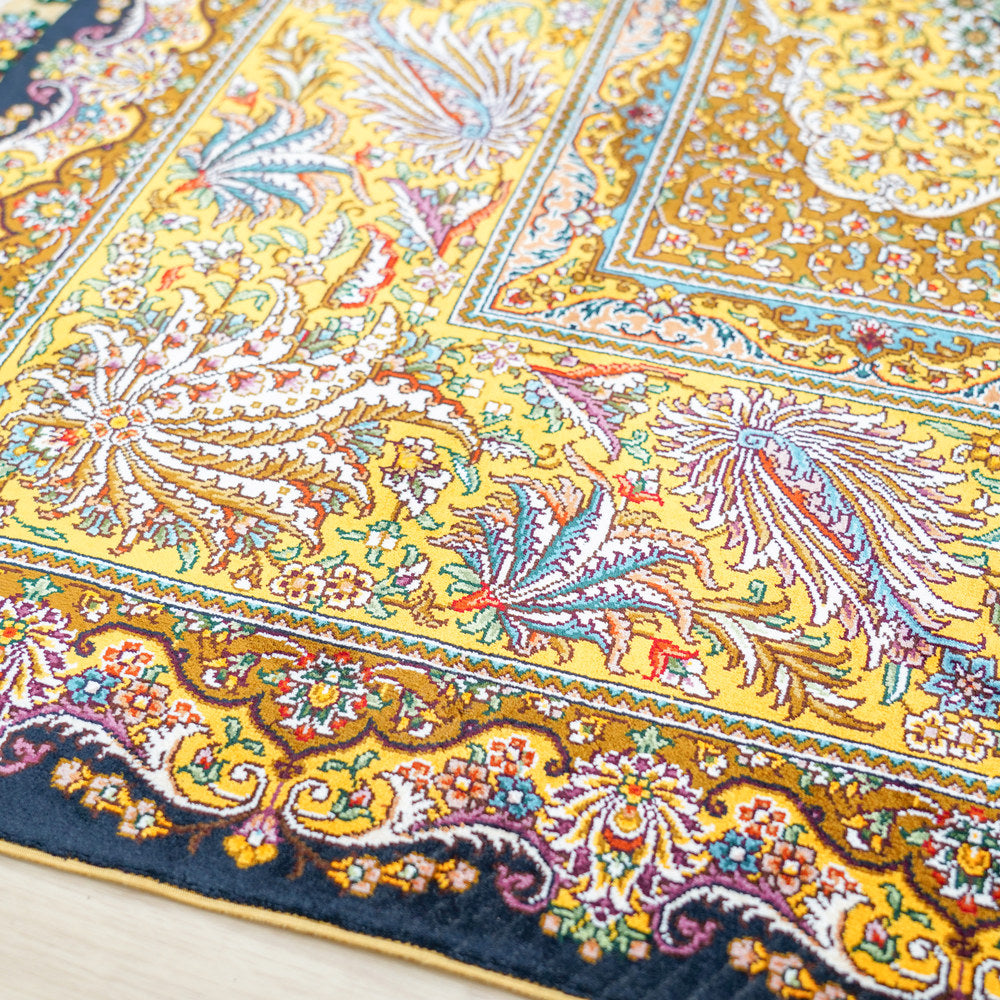 Navy and Gold Ornate Medallion Hand Knotted Silk Rug 6x9ft