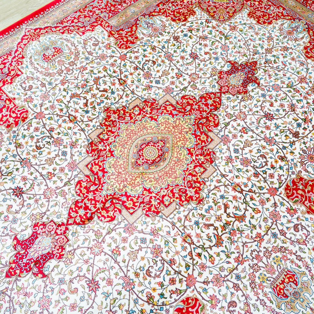 Red and Ivory Geometric Medallion Hand Knotted Silk Rug 6x9ft
