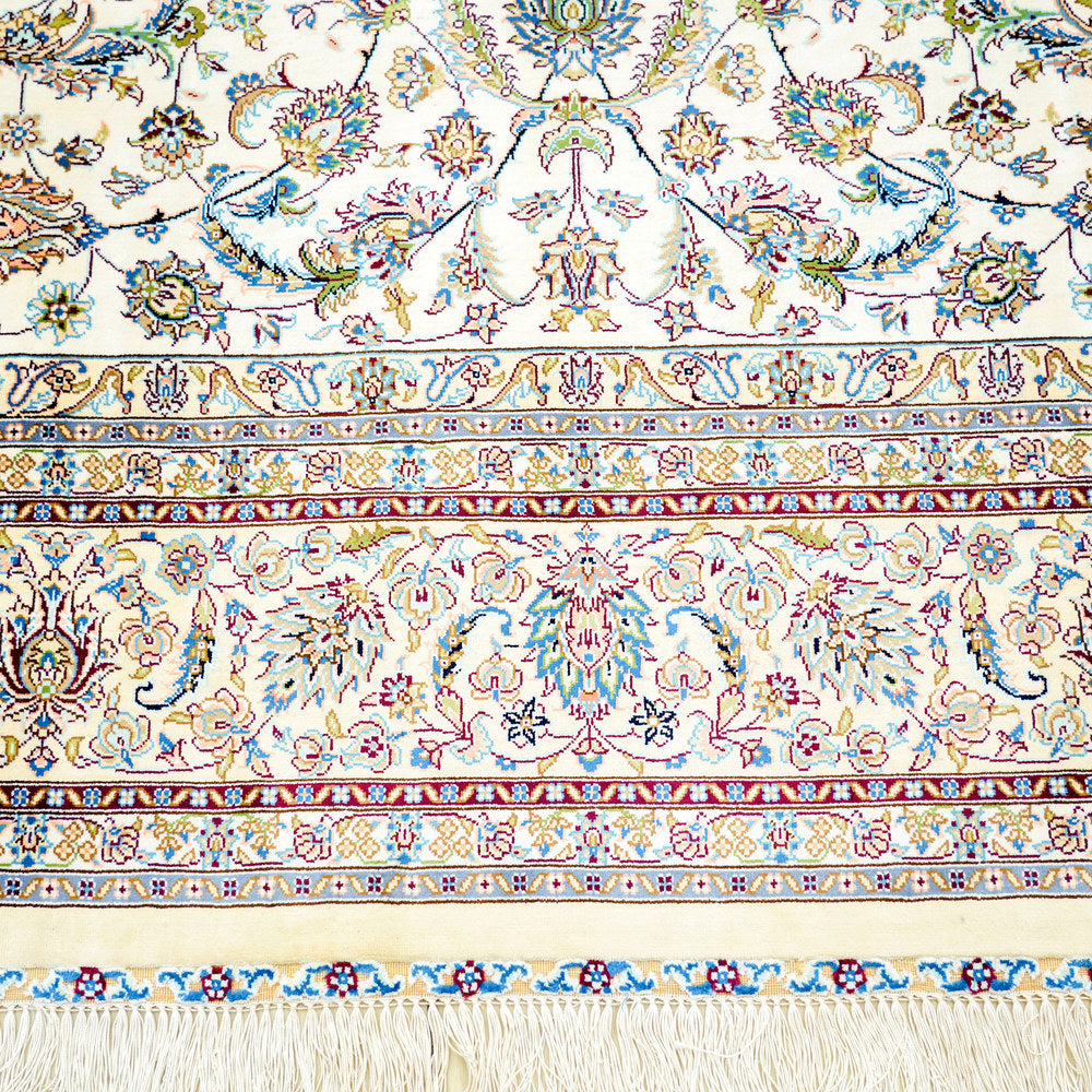 Ivory and Pastel Floral Medallion Hand Knotted Silk Rug 6x9ft