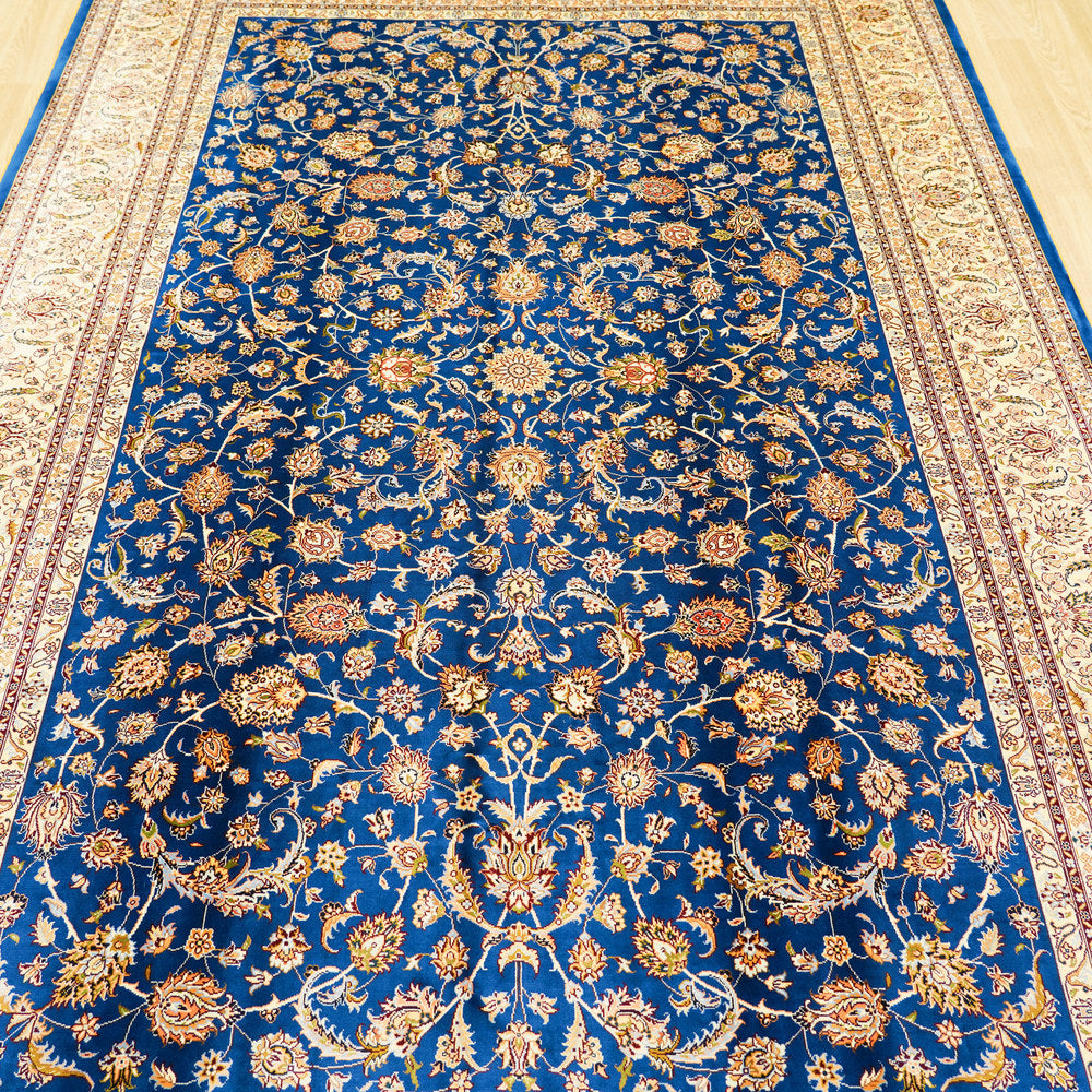 Royal Blue and Gold Floral Medallion Hand Knotted Silk Rug 6x9ft