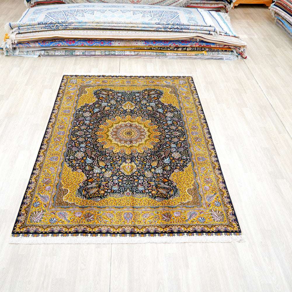 Navy and Gold Ornate Medallion Hand Knotted Silk Rug 6x9ft