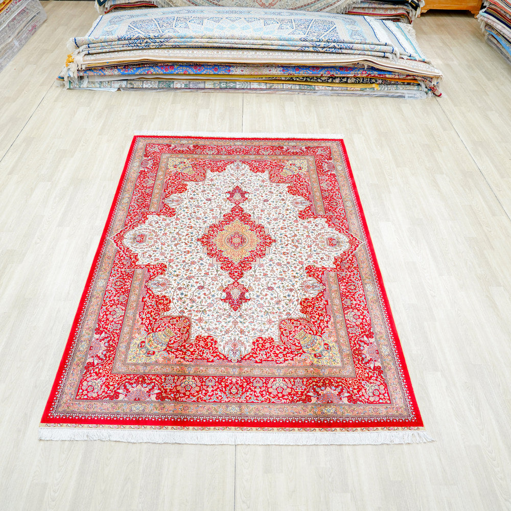 Red and Ivory Geometric Medallion Hand Knotted Silk Rug 6x9ft