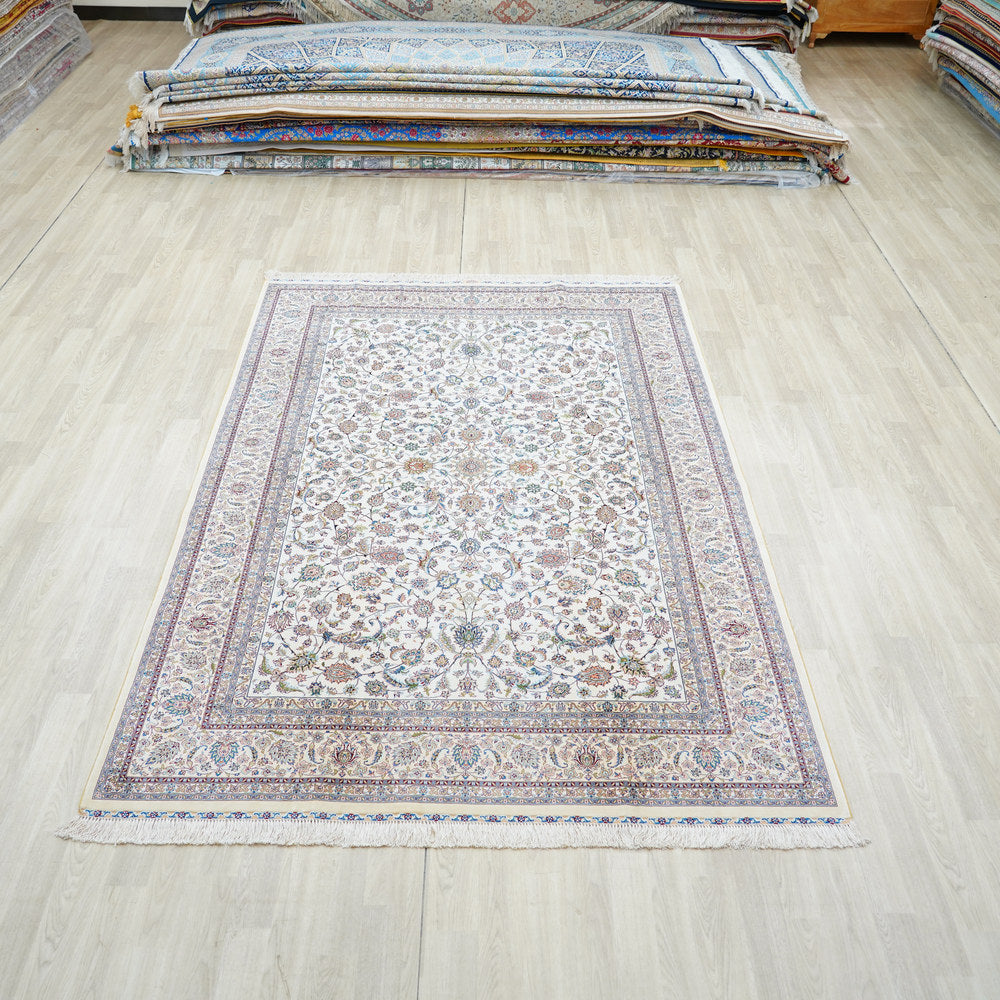 Ivory and Pastel Floral Medallion Hand Knotted Silk Rug 6x9ft