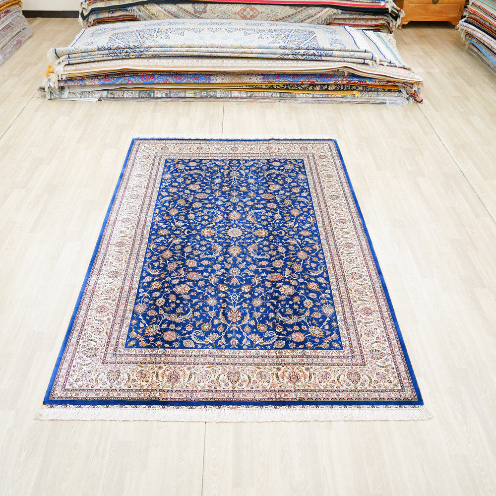 Royal Blue and Gold Floral Medallion Hand Knotted Silk Rug 6x9ft