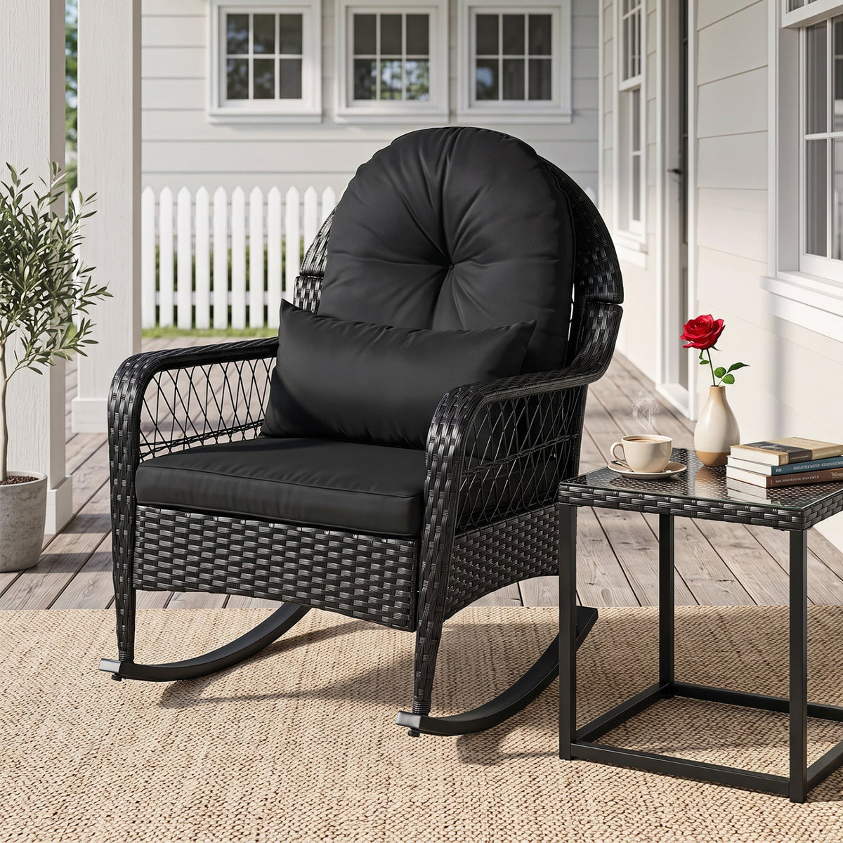 Outdoor Wicker Rocking Chair with Cushions & Anti-Tip Stoppers