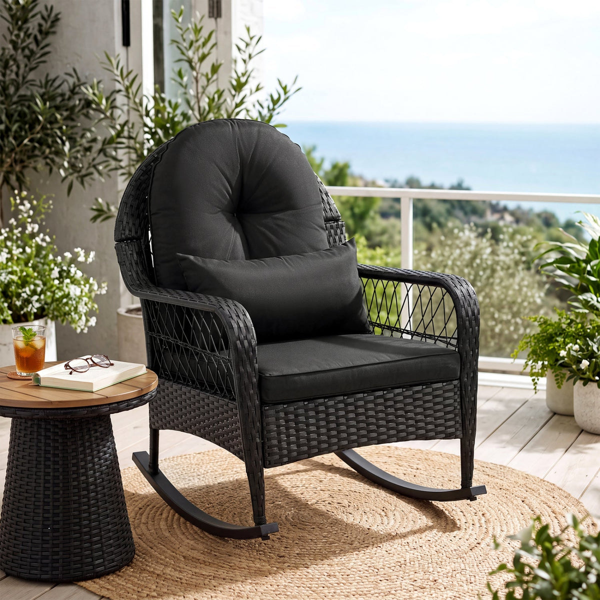 Outdoor Wicker Rocking Chair with Cushions & Anti-Tip Stoppers
