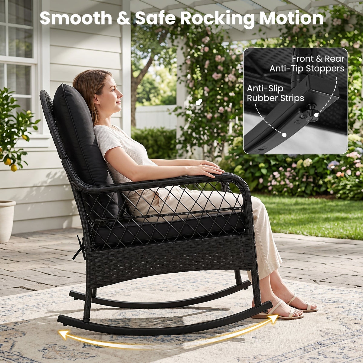 Outdoor Wicker Rocking Chair with Cushions & Anti-Tip Stoppers