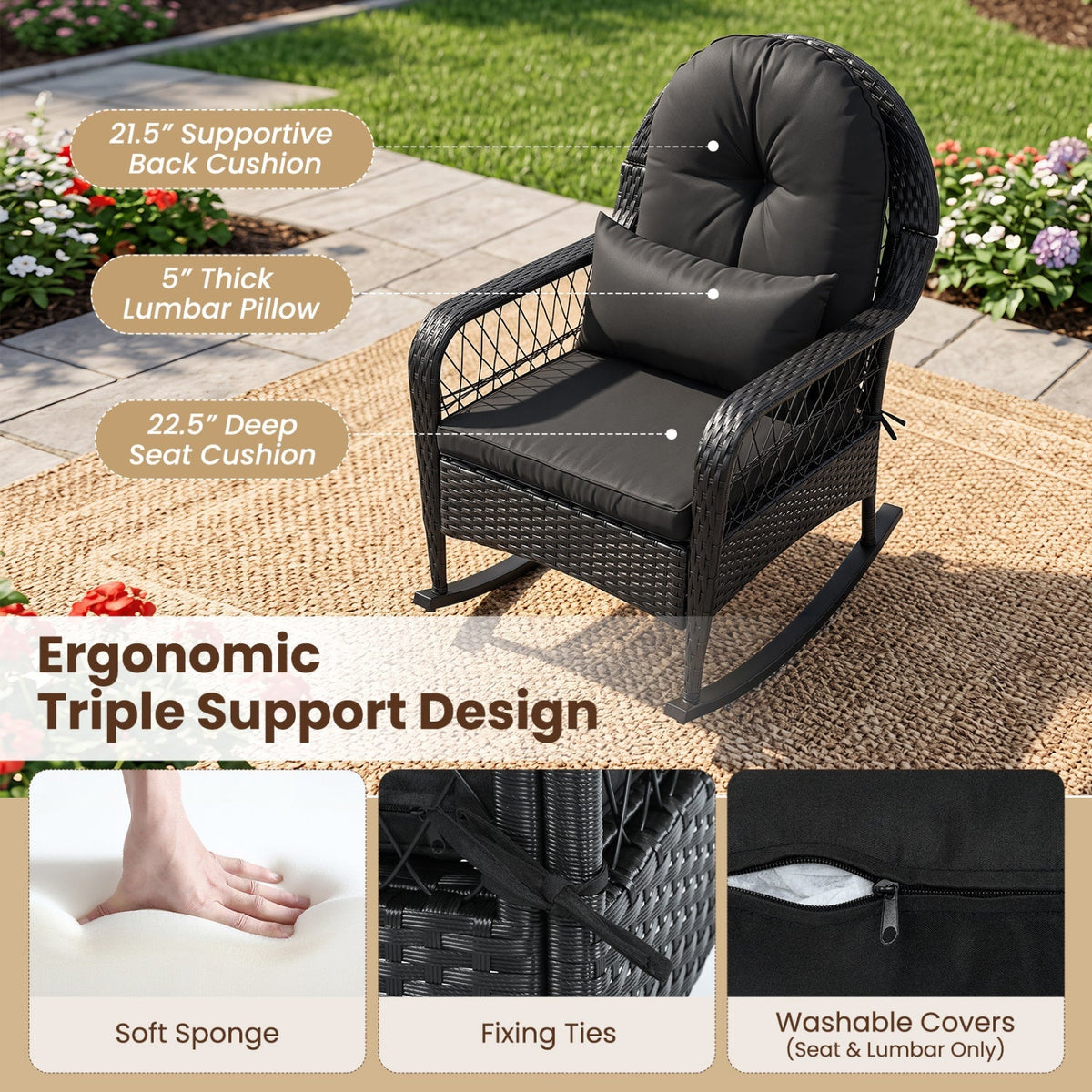 Outdoor Wicker Rocking Chair with Cushions & Anti-Tip Stoppers