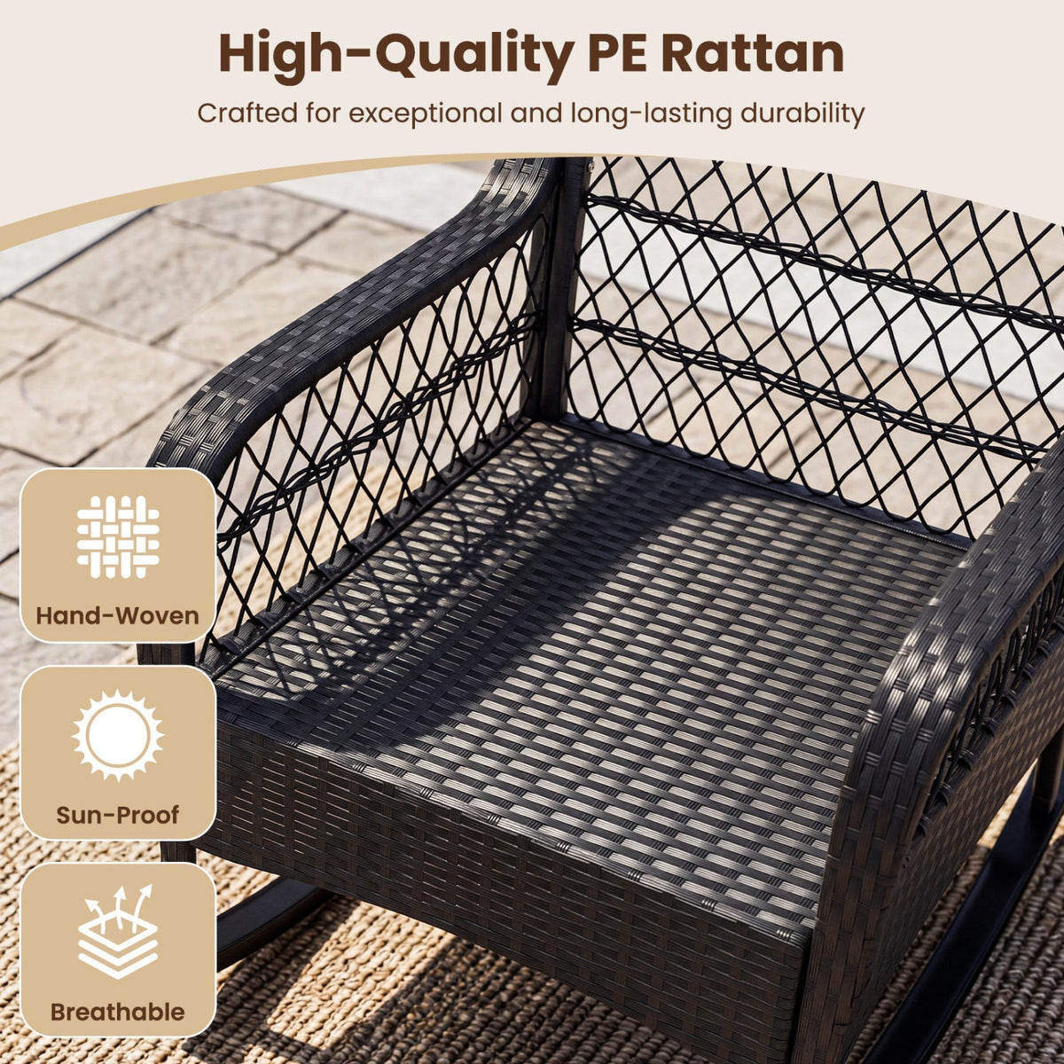 Outdoor Wicker Rocking Chair with Cushions & Anti-Tip Stoppers