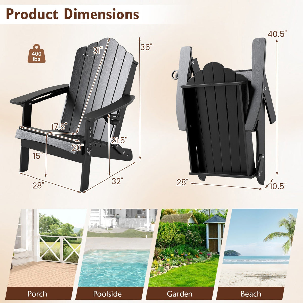Folding Adirondack Chair with High Backrest – HDPE Weather-Resistant Outdoor Chair