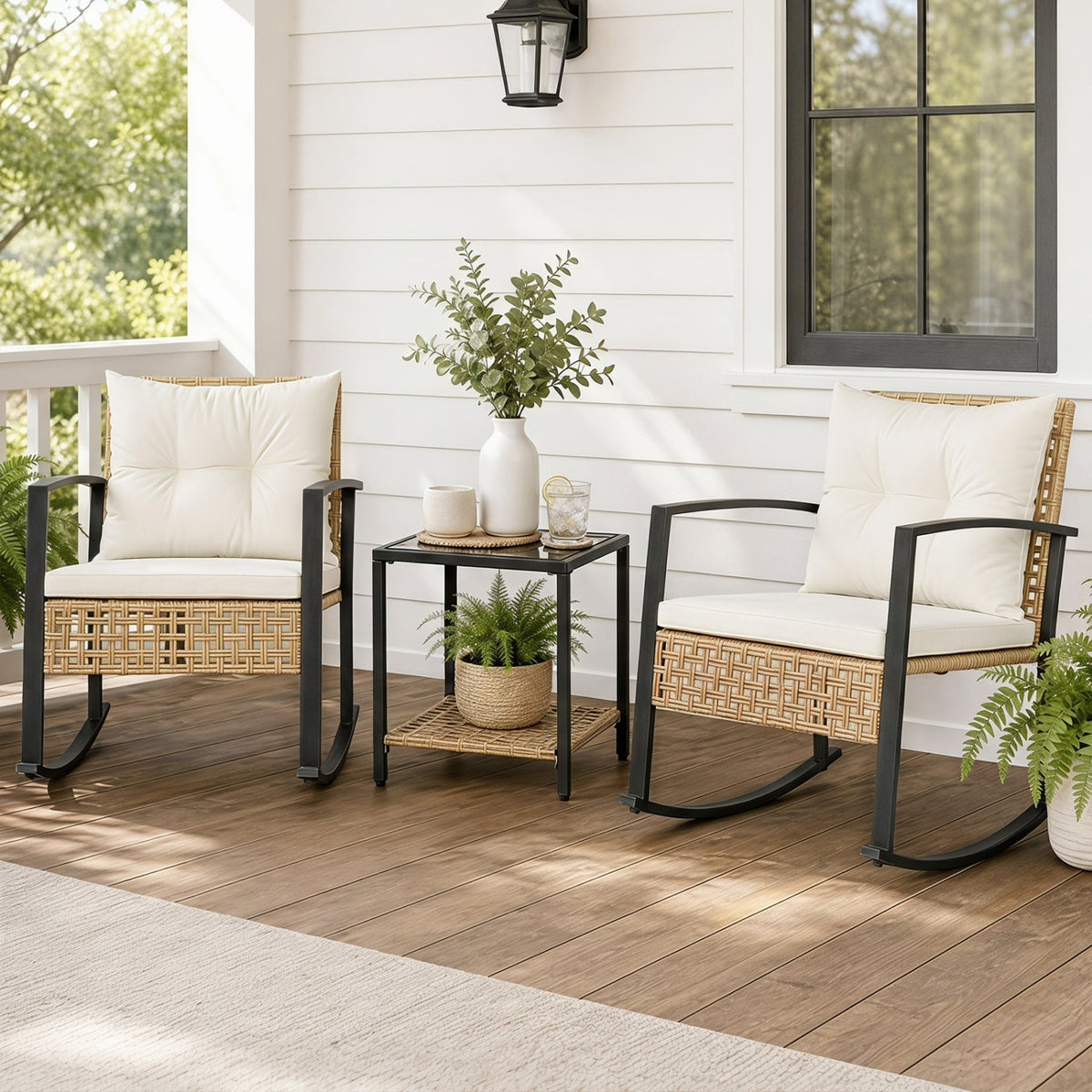 3-Piece Rattan Patio Conversation Set with Rocking Chairs & Table