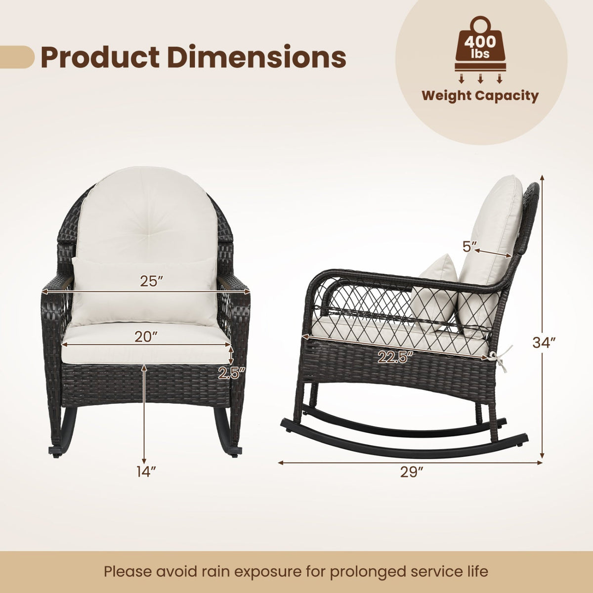 Outdoor Wicker Rocking Chair with Cushions – 400 lb Weight Capacity