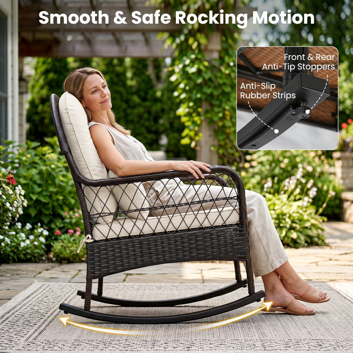 Outdoor Wicker Rocking Chair with Cushions – 400 lb Weight Capacity
