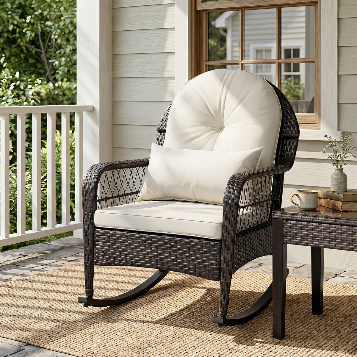 Outdoor Wicker Rocking Chair with Cushions – 400 lb Weight Capacity
